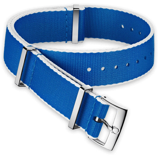 OMEGA NATO Polyamid Blue Strap White-Bordered 22mm Ref 031CWZ010704, 7613304233840 – Genuine OEM