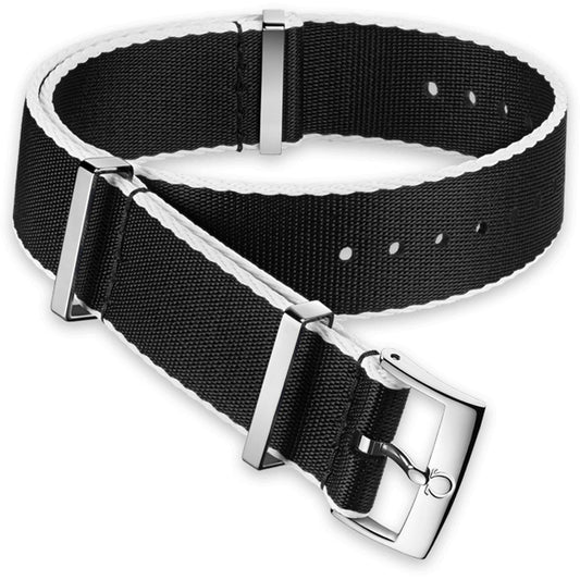 OMEGA NATO Polyamid Black Strap White-Bordered 20mm Ref 031CWZ010710, 7613304233901 – Genuine OEM